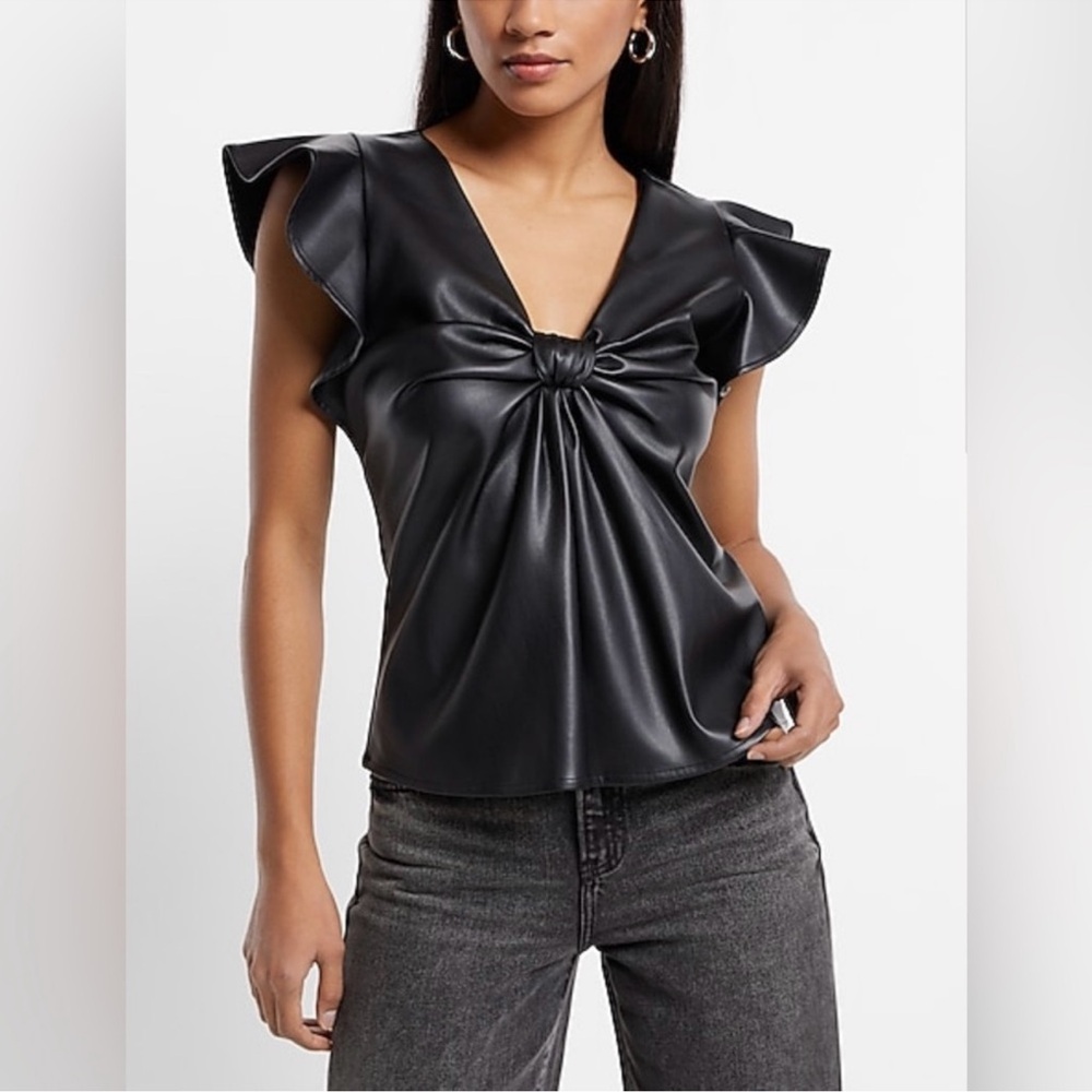 Express Black Faux Leather Top with Ruffle Sleeves